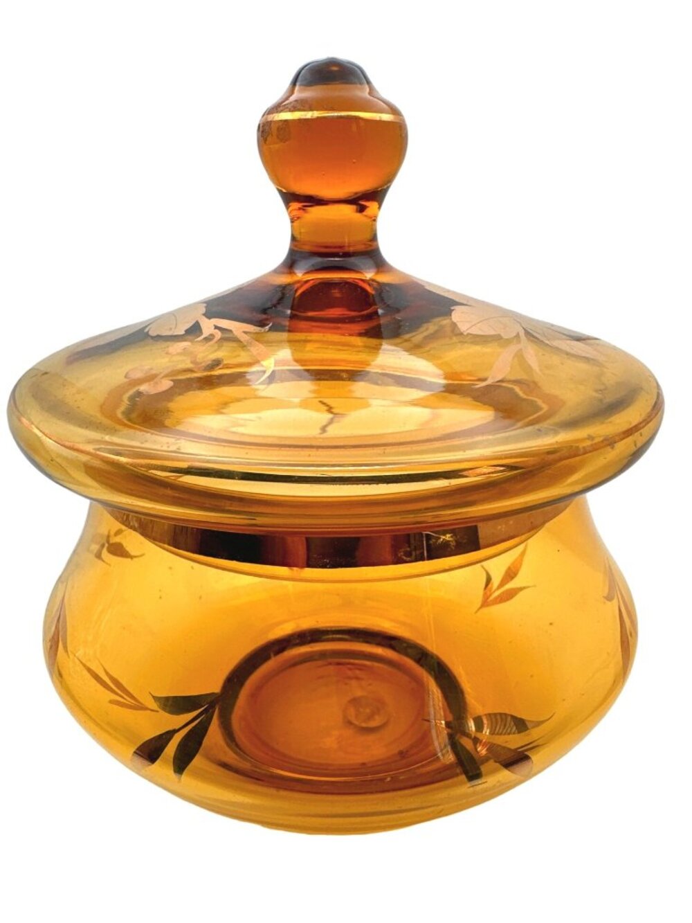 Vintage Charm Roumania Glass Candy Dish Jar Amber Color Gold Trim Leaf Motif